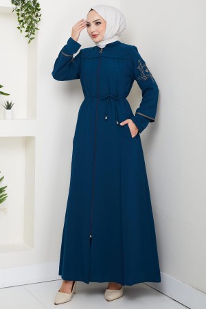 Bağcıklı Kolu Nakışlı Ferace Petrol HM2854