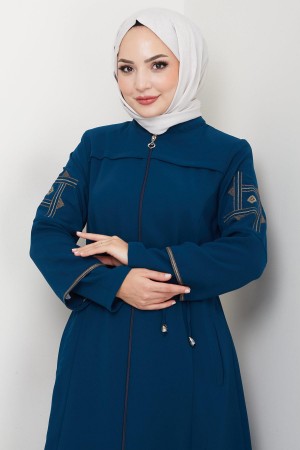 Bağcıklı Kolu Nakışlı Ferace Petrol HM2854