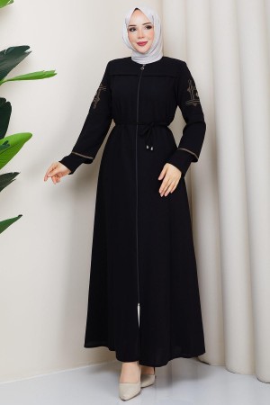 Bağcıklı Kolu Nakışlı Ferace Siyah HM2854