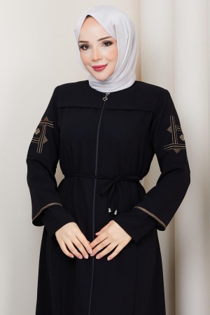 Bağcıklı Kolu Nakışlı Ferace Siyah HM2854