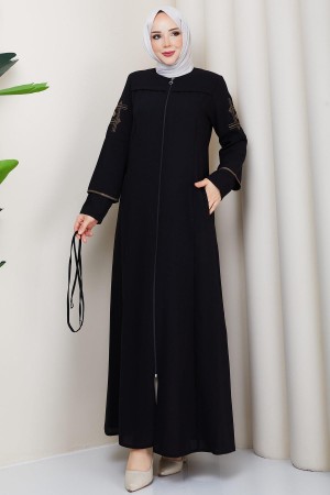 Bağcıklı Kolu Nakışlı Ferace Siyah HM2854