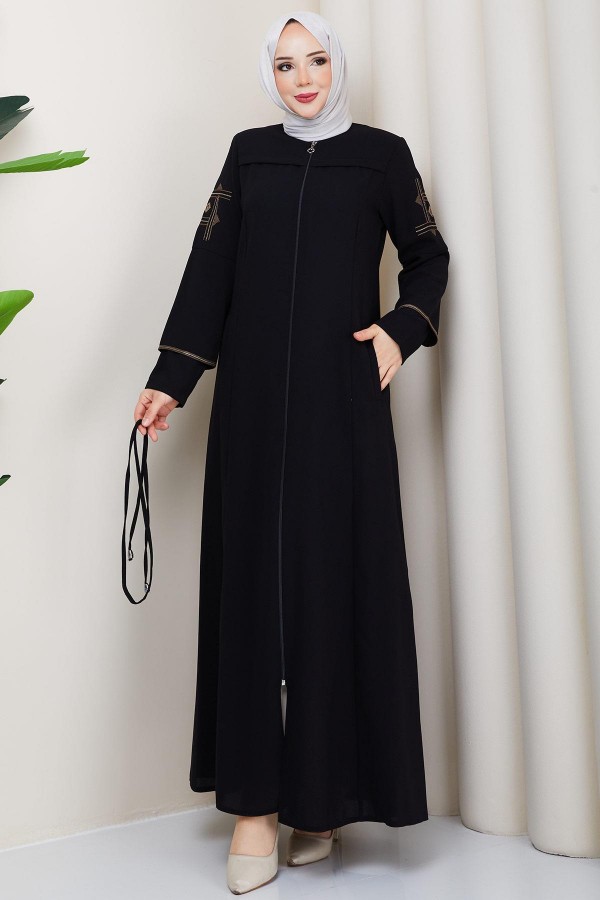 Bağcıklı Kolu Nakışlı Ferace Siyah HM2854