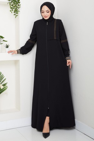 Embroidered Ribbed Abaya Black HM2857