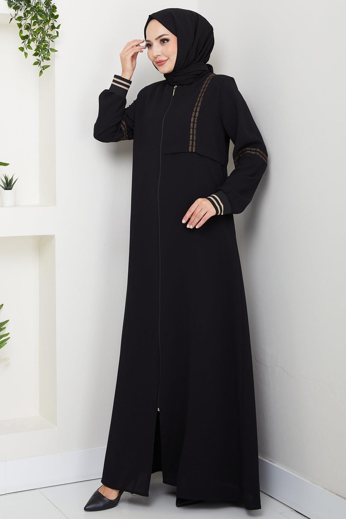 Embroidered Ribbed Abaya Black HM2857
