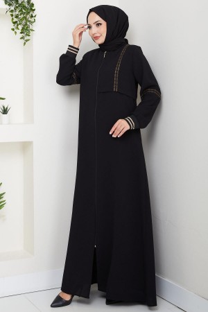 Embroidered Ribbed Abaya Black HM2857