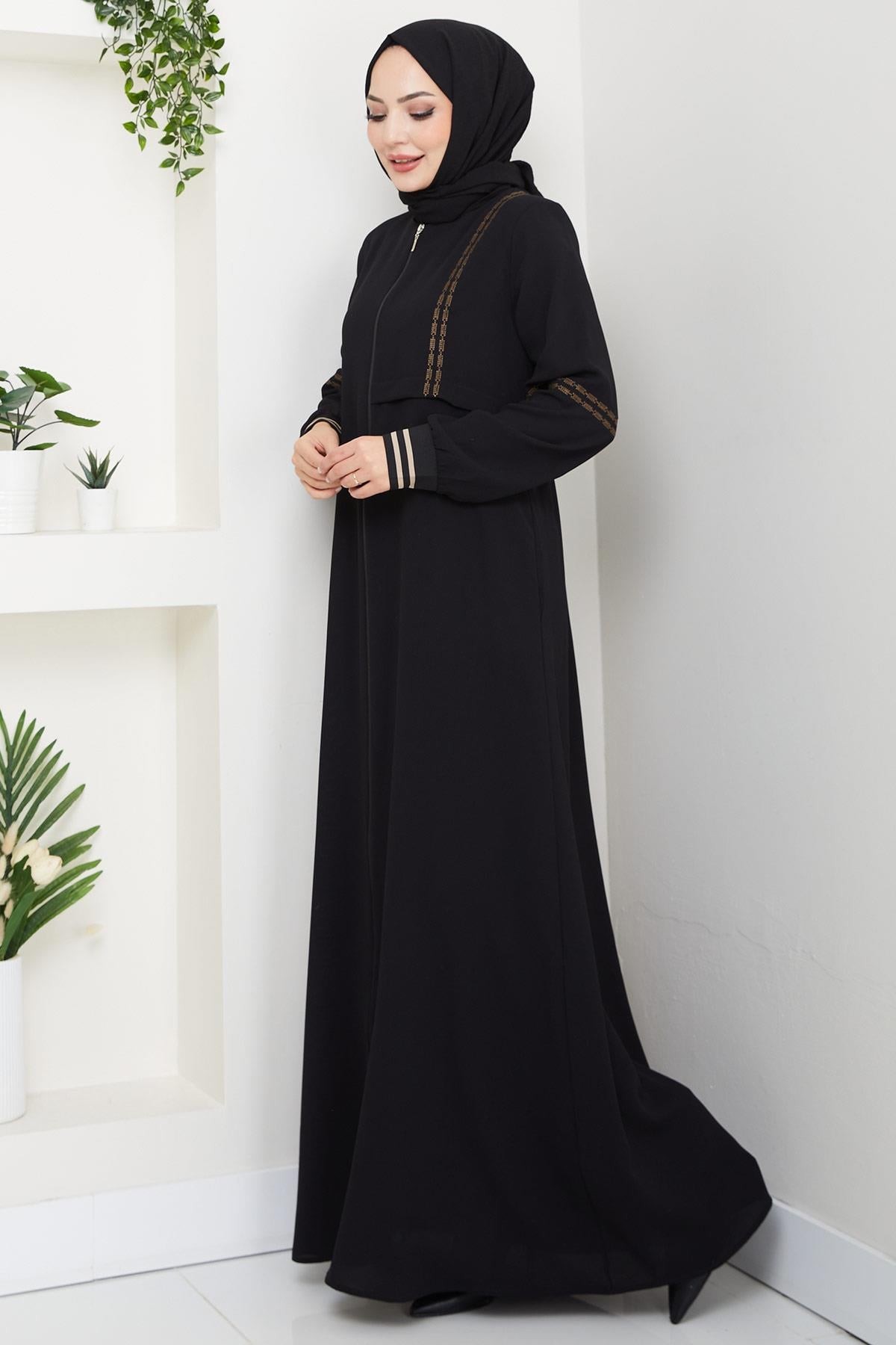 Embroidered Ribbed Abaya Black HM2857 detay görseli