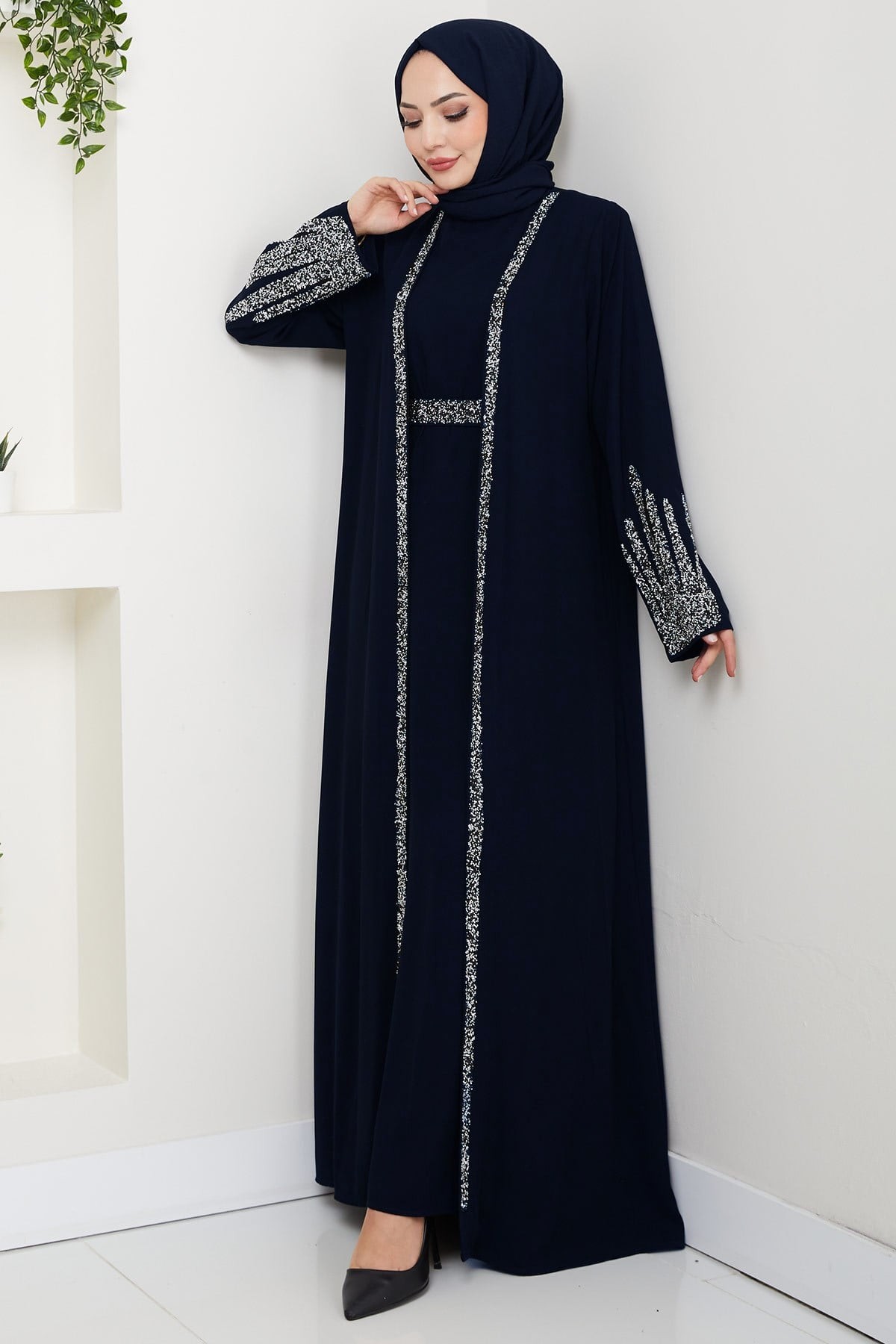 Stone Detail Abaya Set with Inner Lining, Navy Blue HM2858