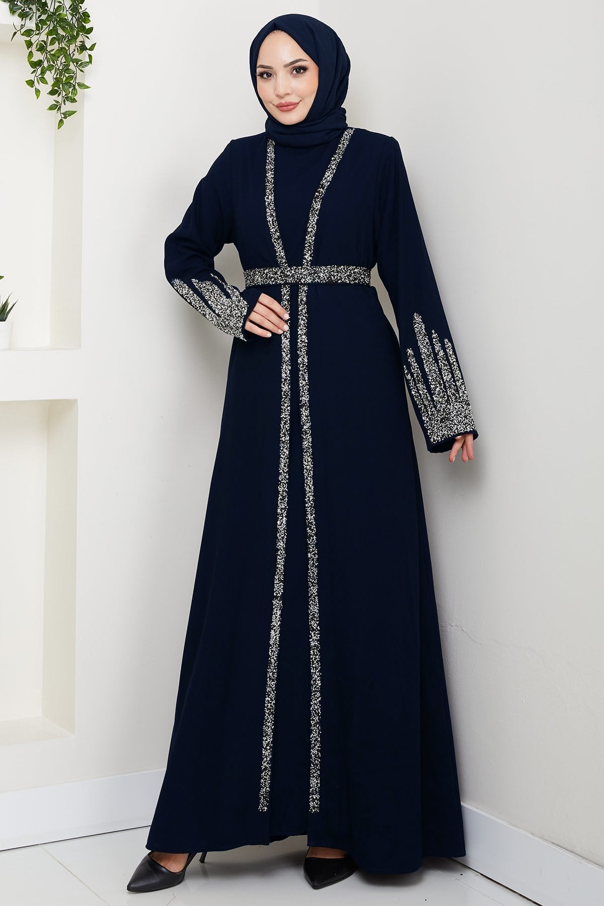 Stone Detail Abaya Set with Inner Lining, Navy Blue HM2858