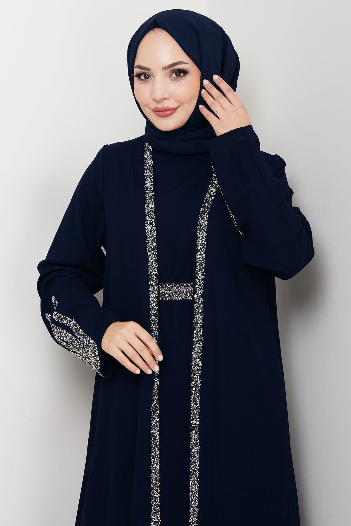 Stone Detail Abaya Set with Inner Lining, Navy Blue HM2858