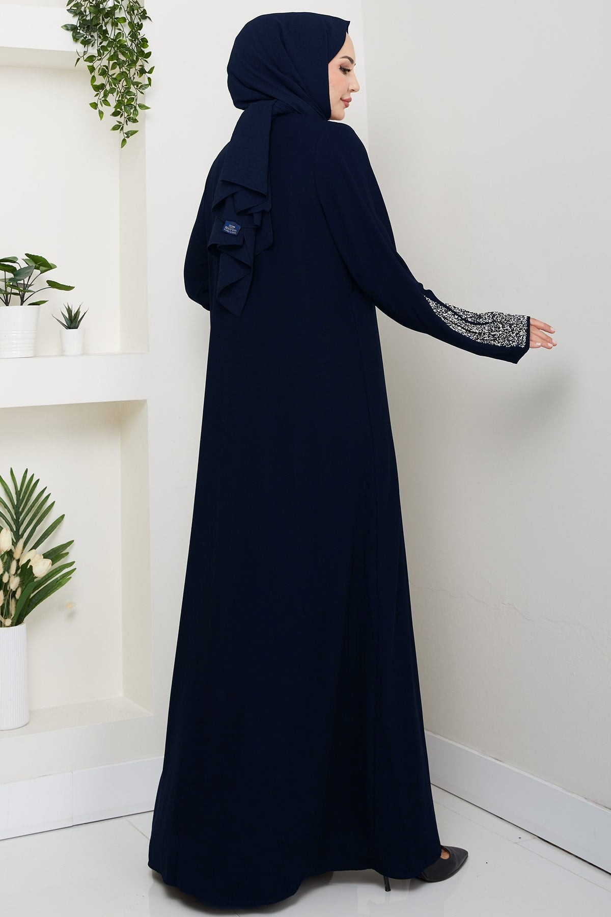 Stone Detail Abaya Set with Inner Lining, Navy Blue HM2858
