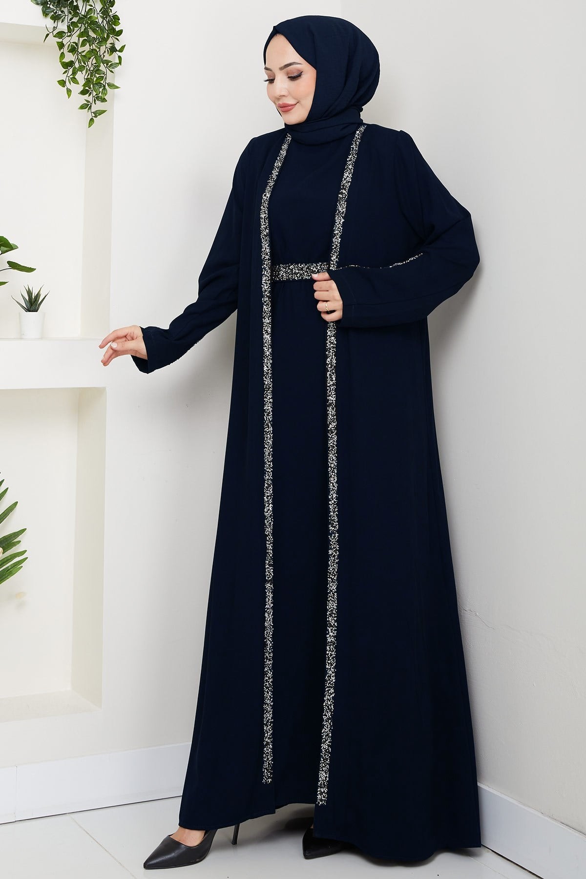 Stone Detail Abaya Set with Inner Lining, Navy Blue HM2858 detay görseli