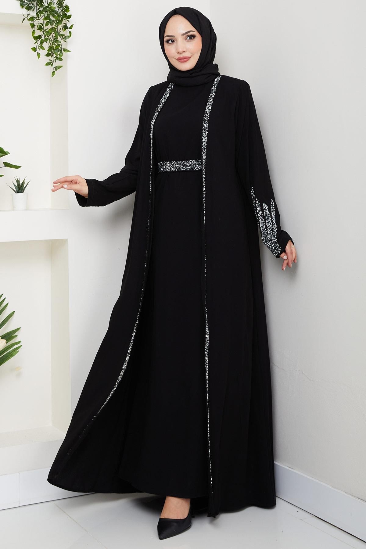 Stone Detail Abaya Set with Inner Lining, Black HM2858