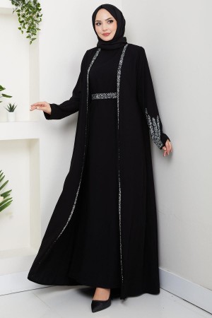 Taş Detaylı İçlikli Abaya Takım Siyah HM2858