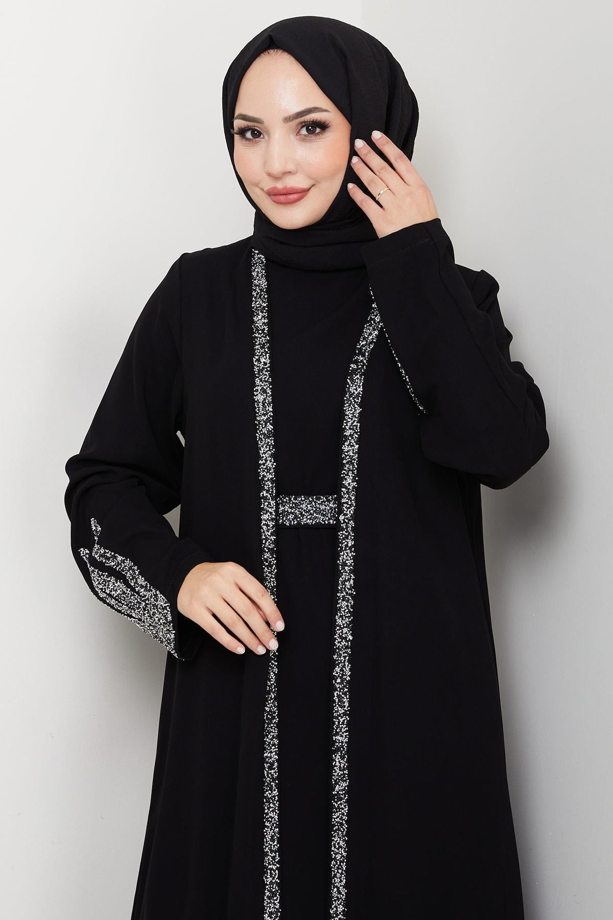 Stone Detail Abaya Set with Inner Lining, Black HM2858