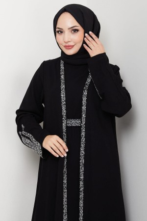 Taş Detaylı İçlikli Abaya Takım Siyah HM2858