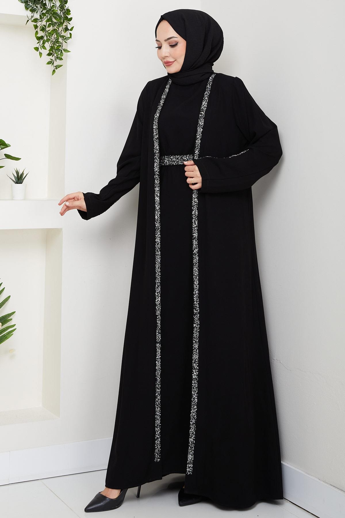 Stone Detail Abaya Set with Inner Lining, Black HM2858