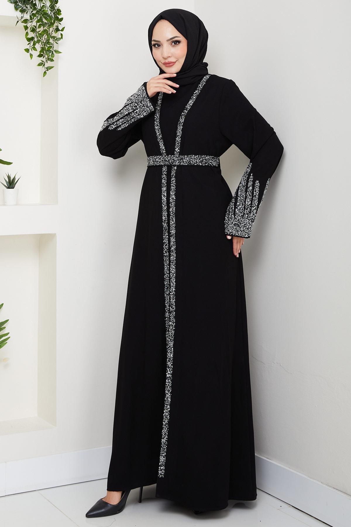 Stone Detail Abaya Set with Inner Lining, Black HM2858