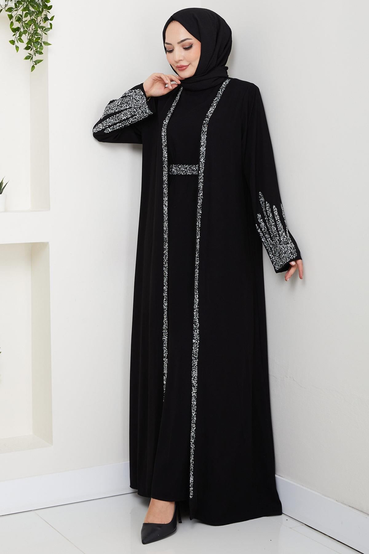 Stone Detail Abaya Set with Inner Lining, Black HM2858