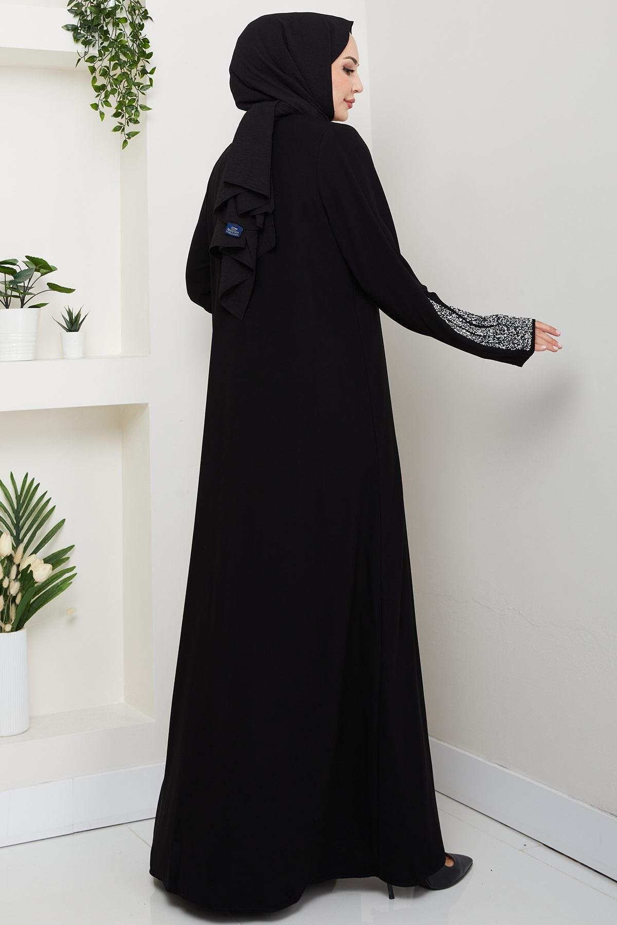 Stone Detail Abaya Set with Inner Lining, Black HM2858
