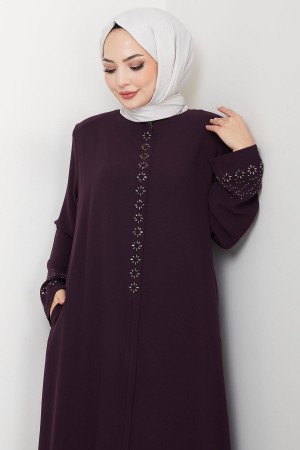 Gizli Patlı Çiçek Taşlı Ferace Mor HM2859