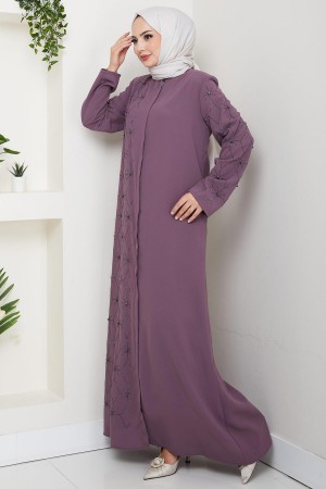 Gizli Patlı Yarım Taşlı Ferace Gül Kurusu HM2860