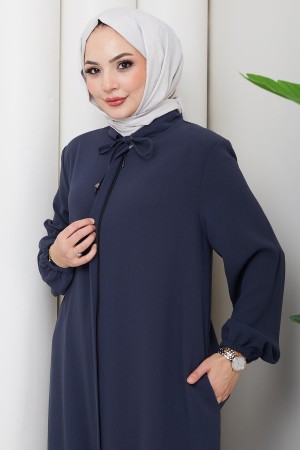 Yakası Bağcık Detaylı Büyük Beden Ferace Füme HM2868