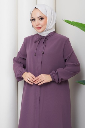 Yakası Bağcık Detaylı Büyük Beden Ferace Gül Kurusu HM2868