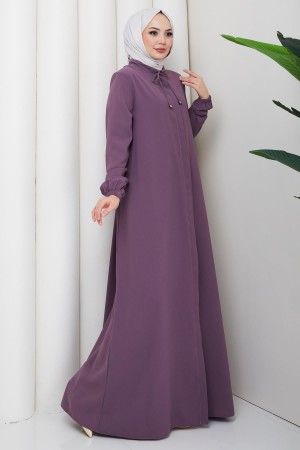 Yakası Bağcık Detaylı Büyük Beden Ferace Gül Kurusu HM2868