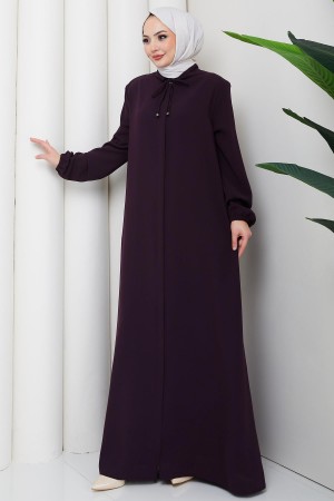 Yakası Bağcık Detaylı Büyük Beden Ferace Mor HM2868