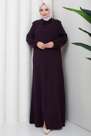 Yakası Bağcık Detaylı Büyük Beden Ferace Mor HM2868
