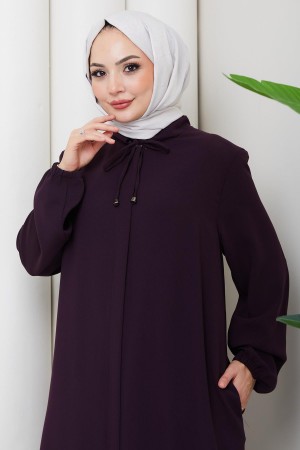 Yakası Bağcık Detaylı Büyük Beden Ferace Mor HM2868