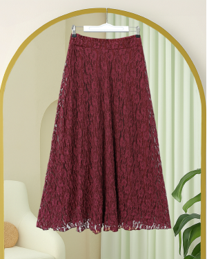 Desenli Astarlı Güpür Dantel Etek -Bordo