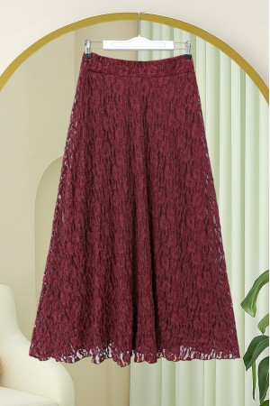 Desenli Astarlı Güpür Dantel Etek -Bordo