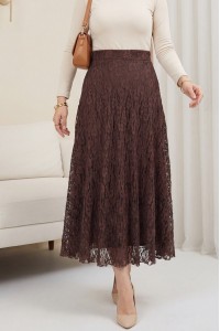 Desenli Astarlı Güpür Dantel Etek -Kahve