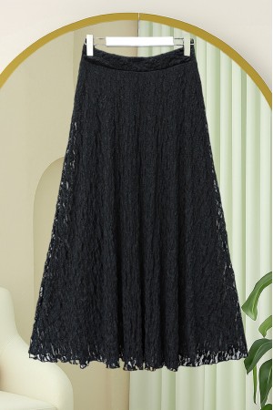 تنورة من الدانتيل الجيبور المبطن بنقوش -أسود