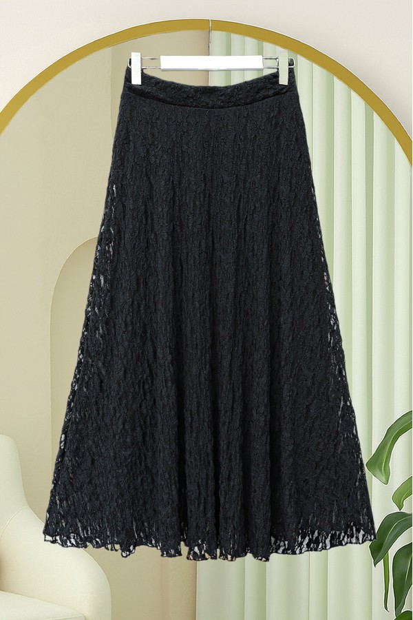 Patterned Lined Guipure Lace Skirt -Black