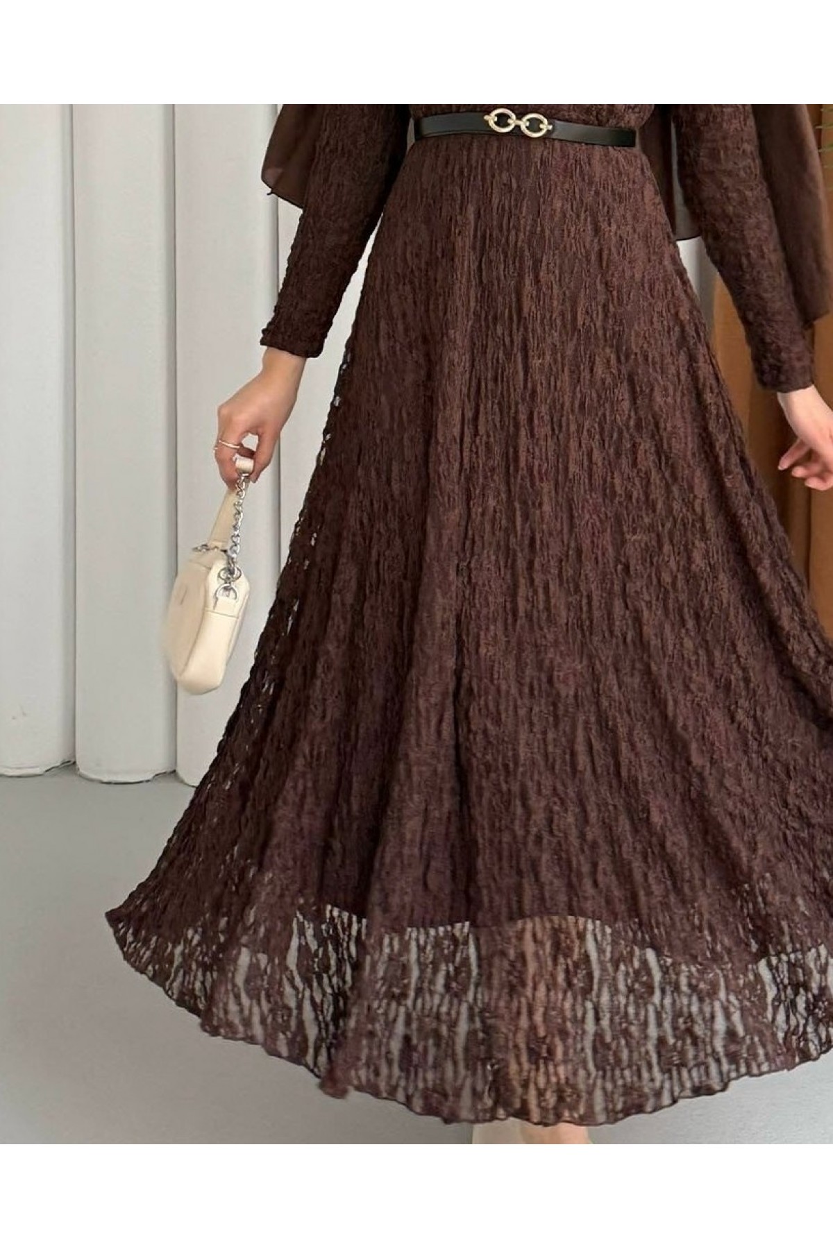 Belted Lined Guipure Lace Dress -Dark Coffee detay görseli