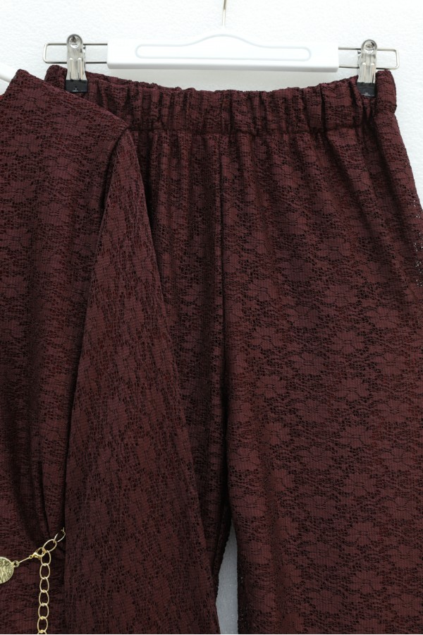 Round Neck, Belted, Lace Detail, Lined Trousers Set -Maroon