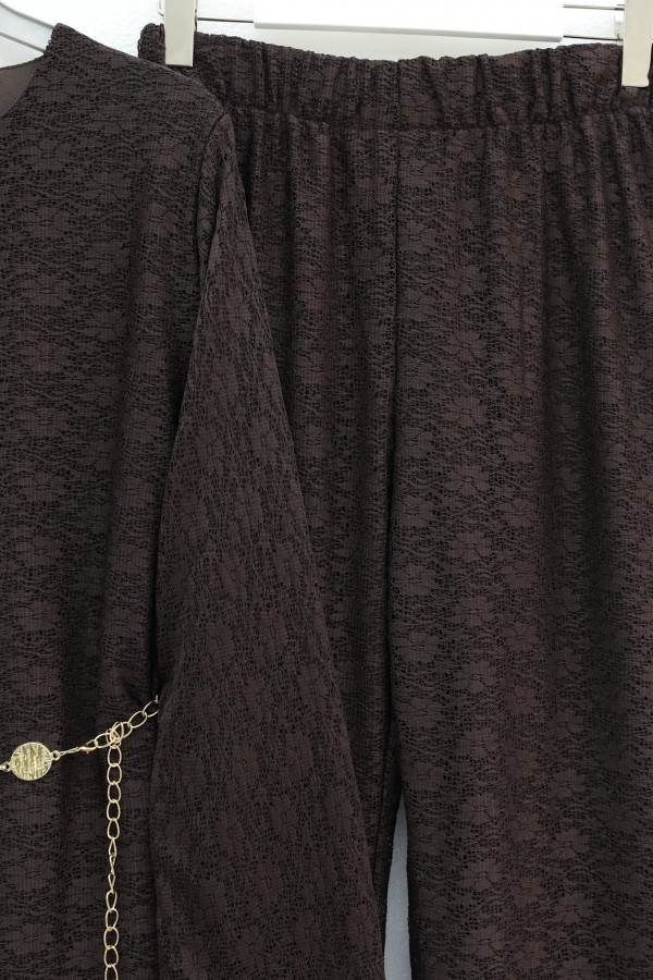 Round Neck, Belted, Lace Detail, Lined Trousers Set -Dark Coffee