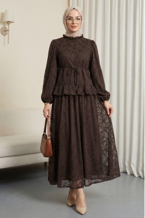 Yakası Fırfırlı Flok Baskı Astarlı Etekli Takım -Kahve