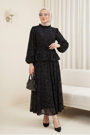 Yakası Fırfırlı Flok Baskı Astarlı Etekli Takım -Siyah