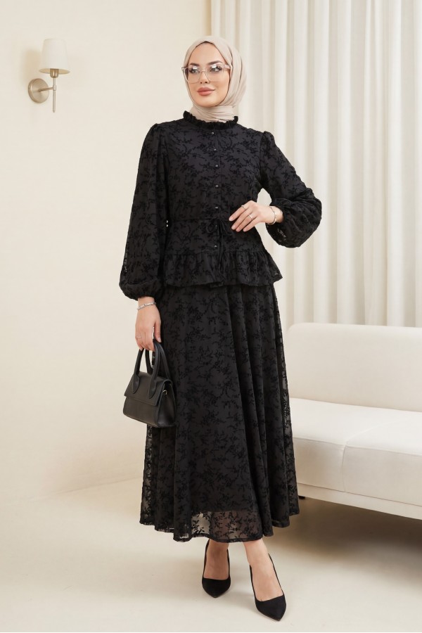 Flock Print Suit with Ruffled Collar and Lined Skirt -Black