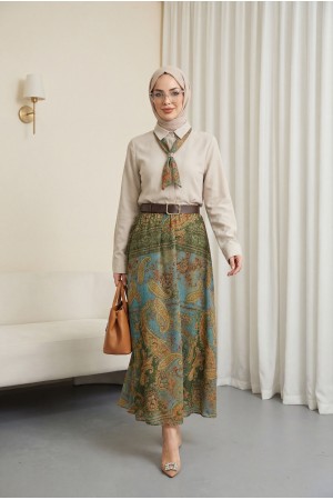 Boydan Düğmeli Kapalı Pat Eteği Etnik Desenli Takım -Bej