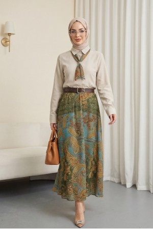 Boydan Düğmeli Kapalı Pat Eteği Etnik Desenli Takım -Bej