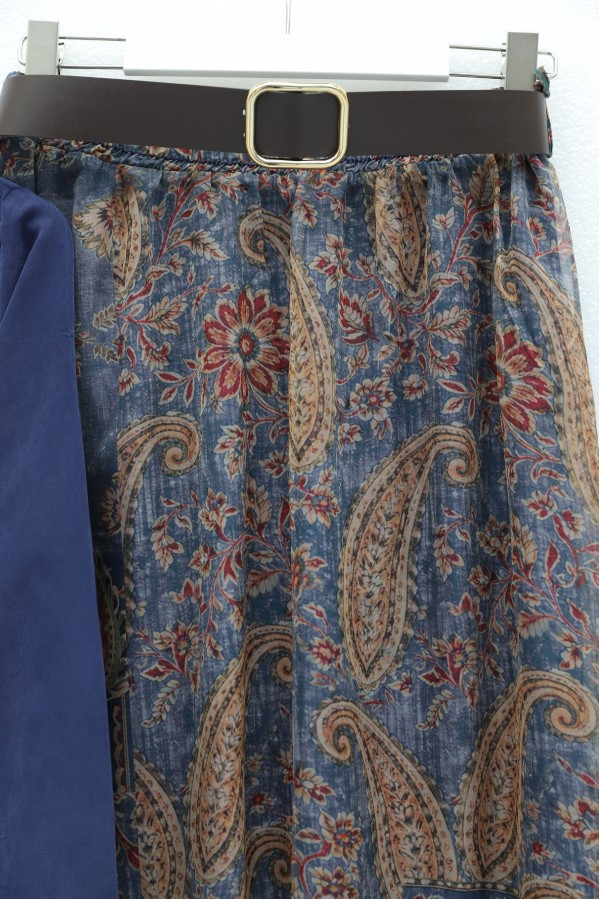 Full-Length Buttoned Closed Skirt Set with Ethnic Pattern -Navy blue