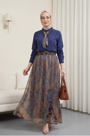 Boydan Düğmeli Kapalı Pat Eteği Etnik Desenli Takım -Laci