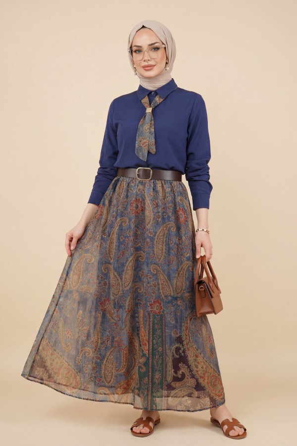 Full-Length Buttoned Closed Skirt Set with Ethnic Pattern -Navy blue