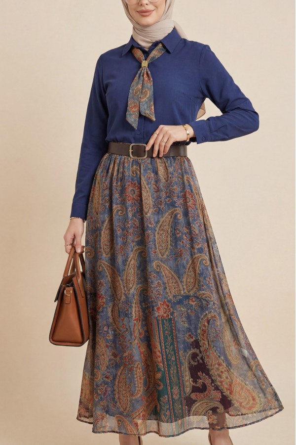 Full-Length Buttoned Closed Skirt Set with Ethnic Pattern -Navy blue