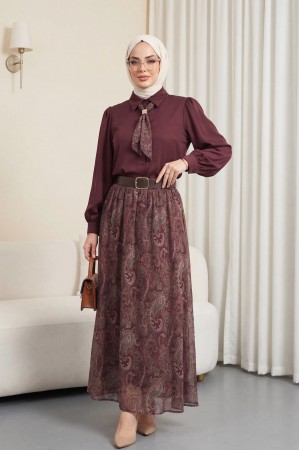 Boydan Düğmeli Kolları Büzgü Detay Eteği Etnik Desenli Takım -Bordo