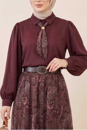 Boydan Düğmeli Kolları Büzgü Detay Eteği Etnik Desenli Takım -Bordo